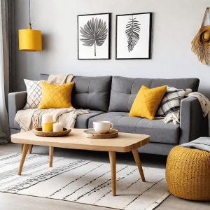 Grey big sofa with yellow and grey pillows